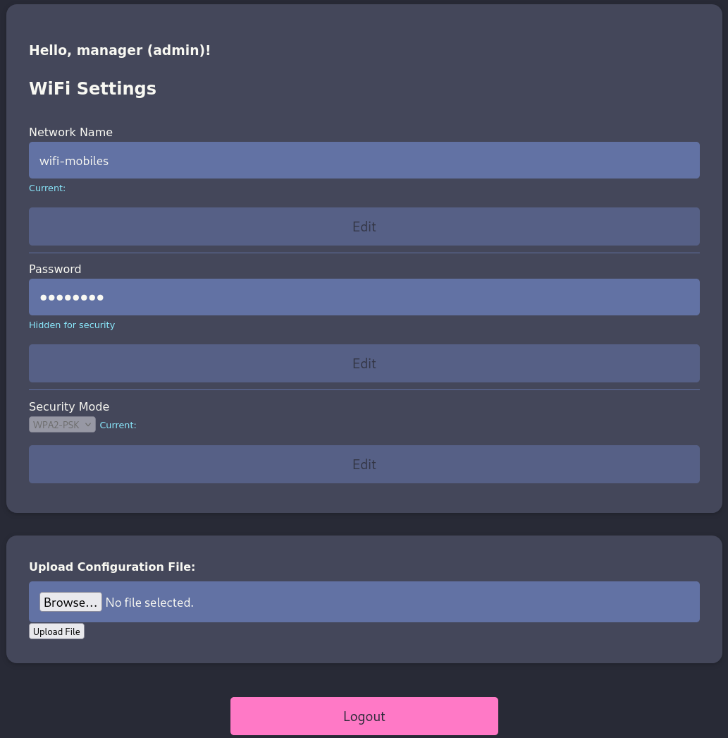 Admin privileges on the PSK router page show an upload form