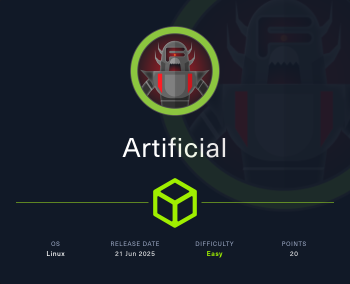 Machine Card showing Artificial as an easy Linux machine
