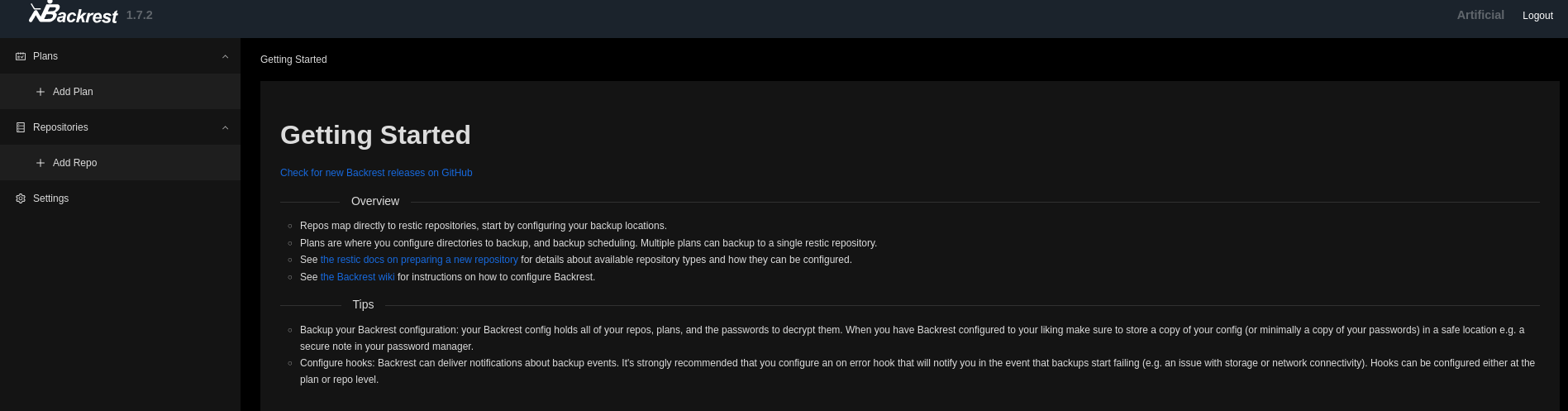 Backrest dashboard accessible after using the cracked credentials