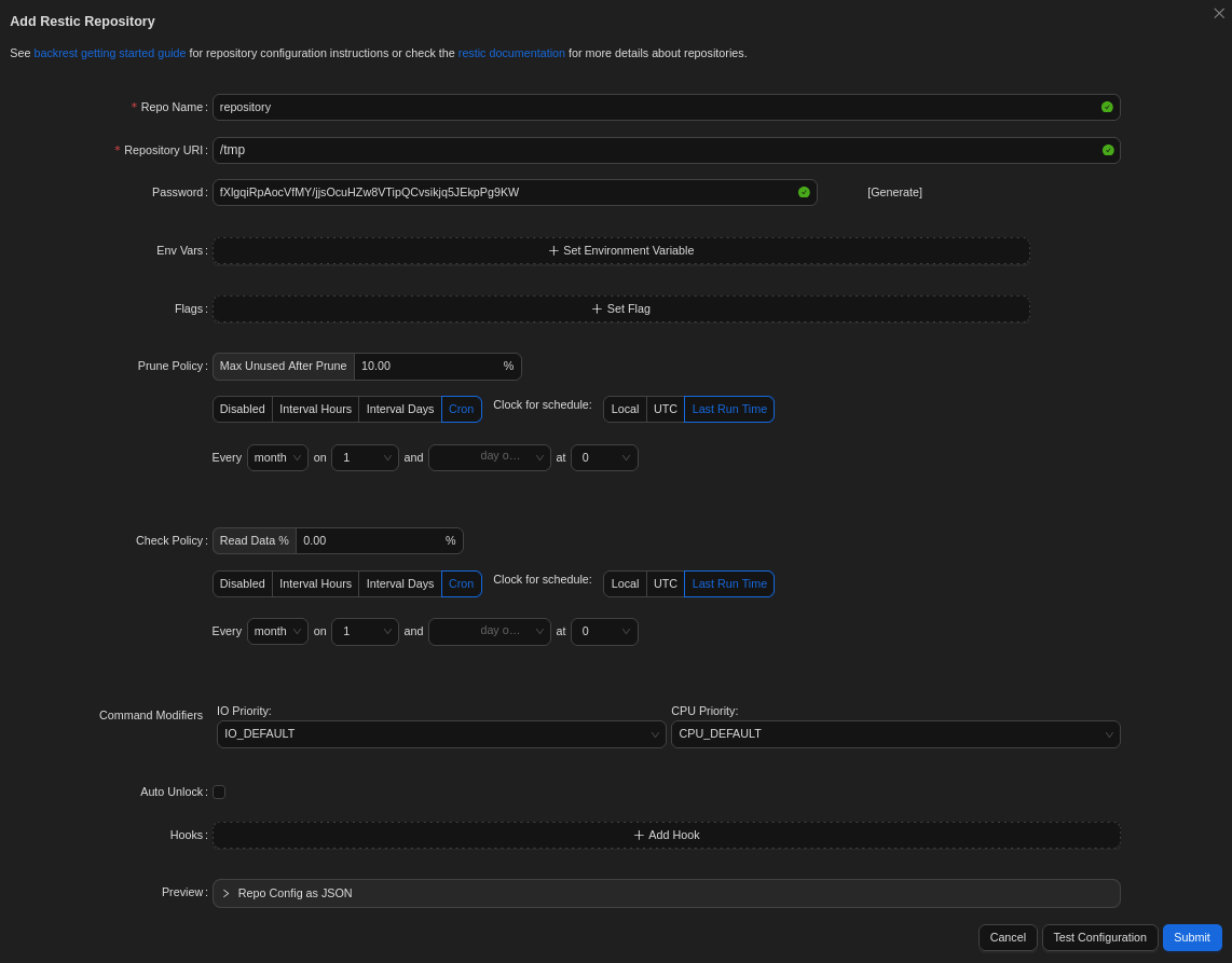 Creating a new repository in backrest with dummy data
