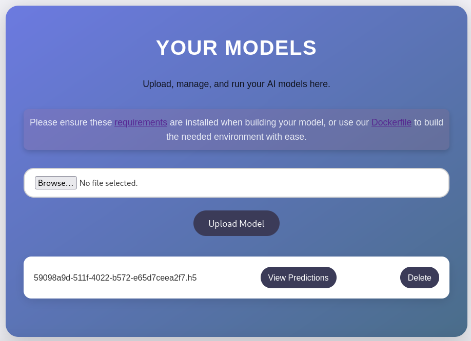 Dashboard showing my uploaded model and a link to show the predictions and a way to delete it again
