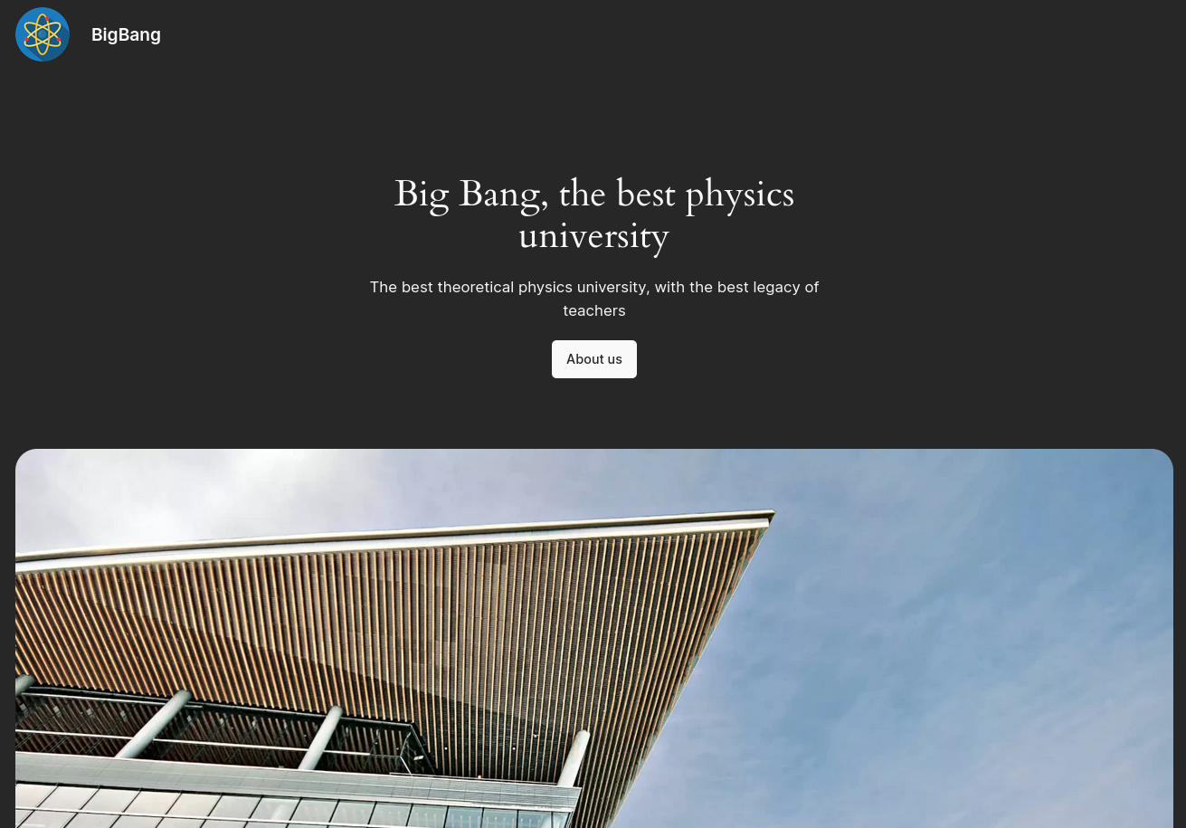 Web page for the best physics university called Big Bang