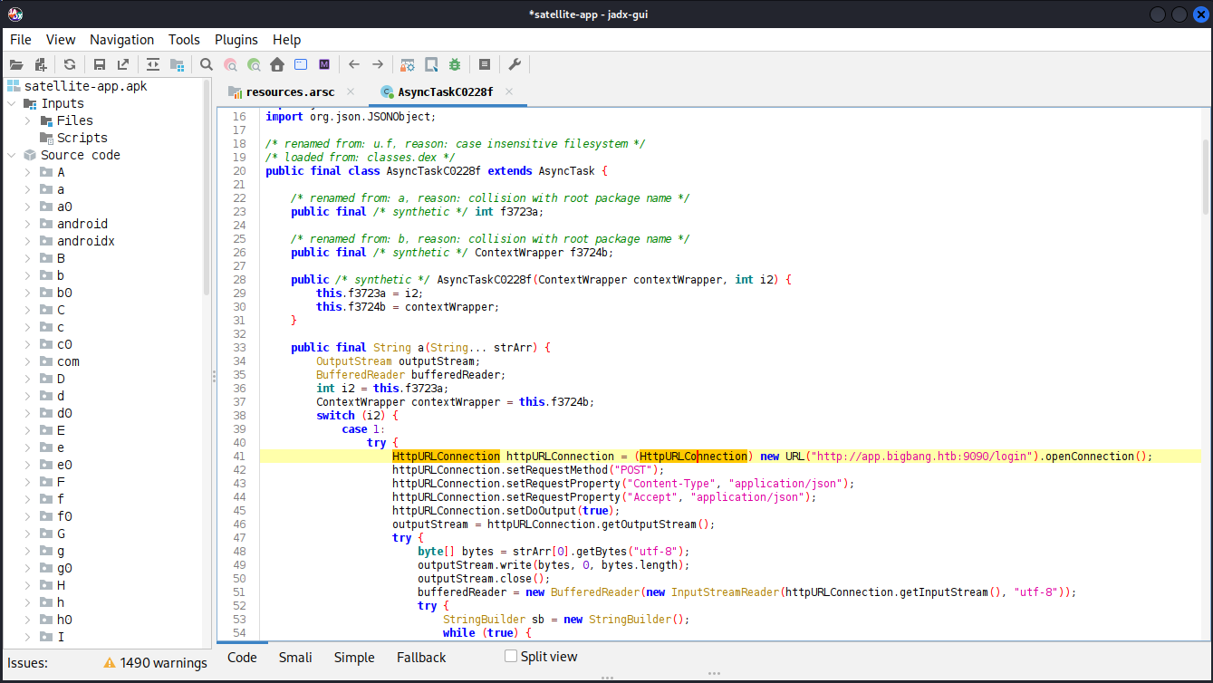 jadx-gui showing references to app.bigbang.htb