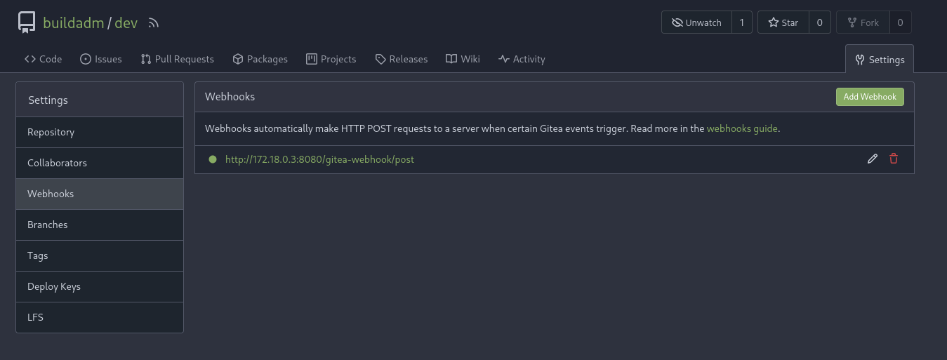 Repo dev has a webhook configured