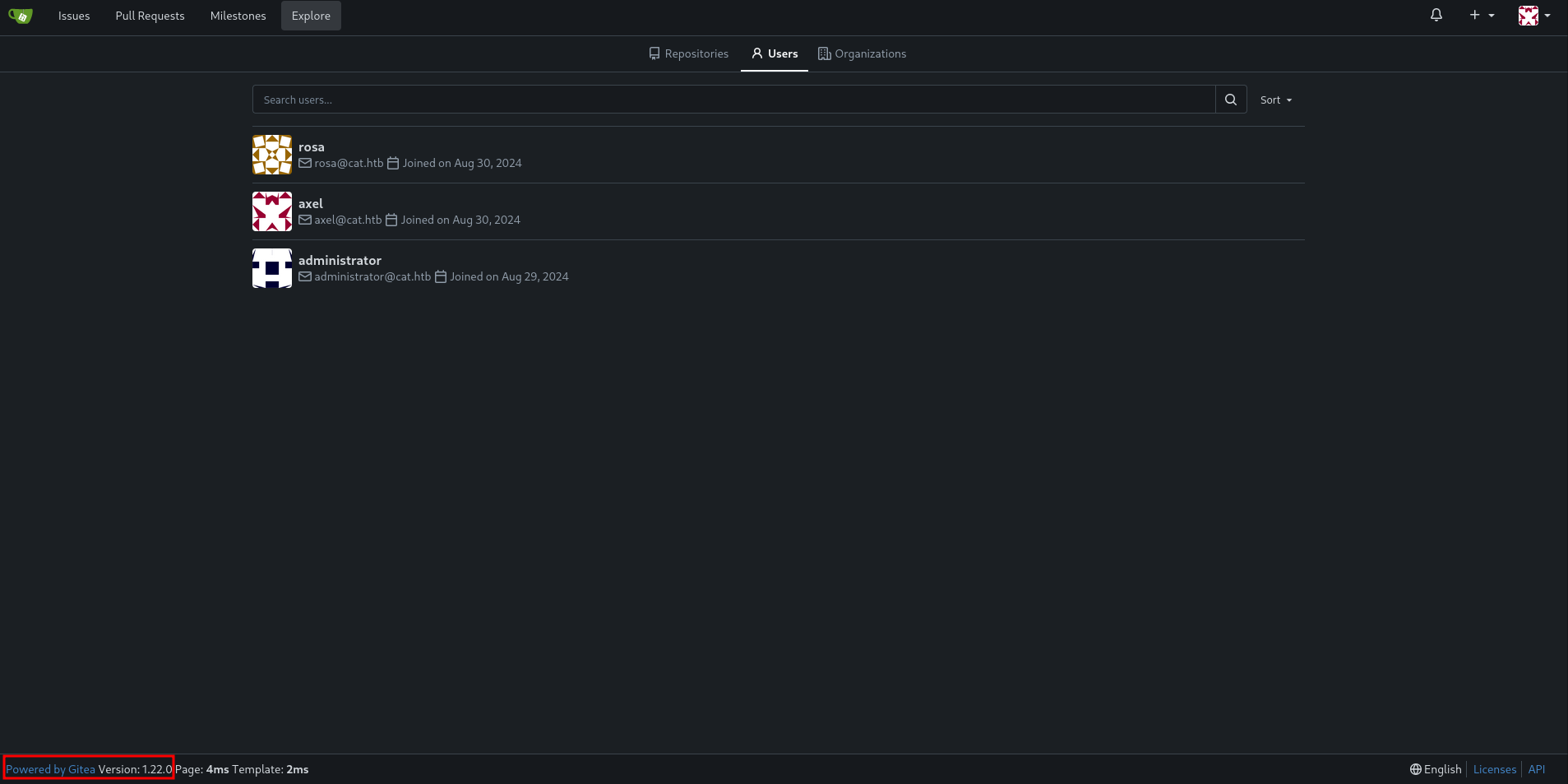 Gitea listing the users of the instance with the version 1.22.0 highlighted