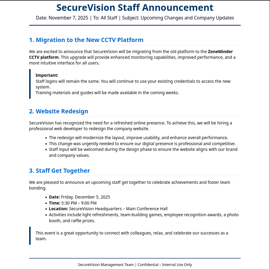 PDF with a Staff Announcement