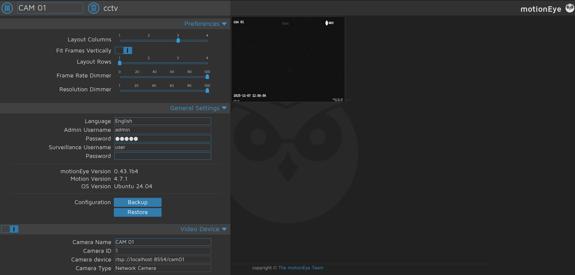 Motioneye dashboard showing version 0.43.1b4