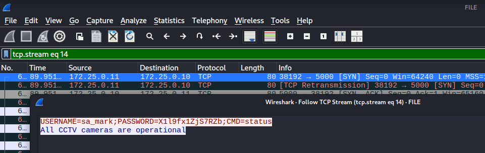 Wireshark showing the credentials for sa_mark