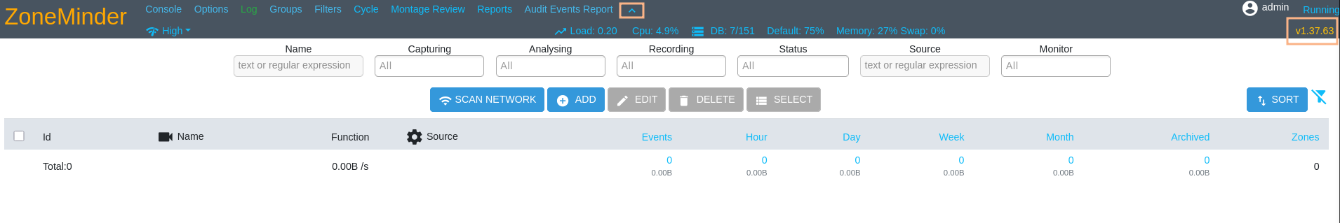 ZoneMinder dashboard reporting version 1.37.63