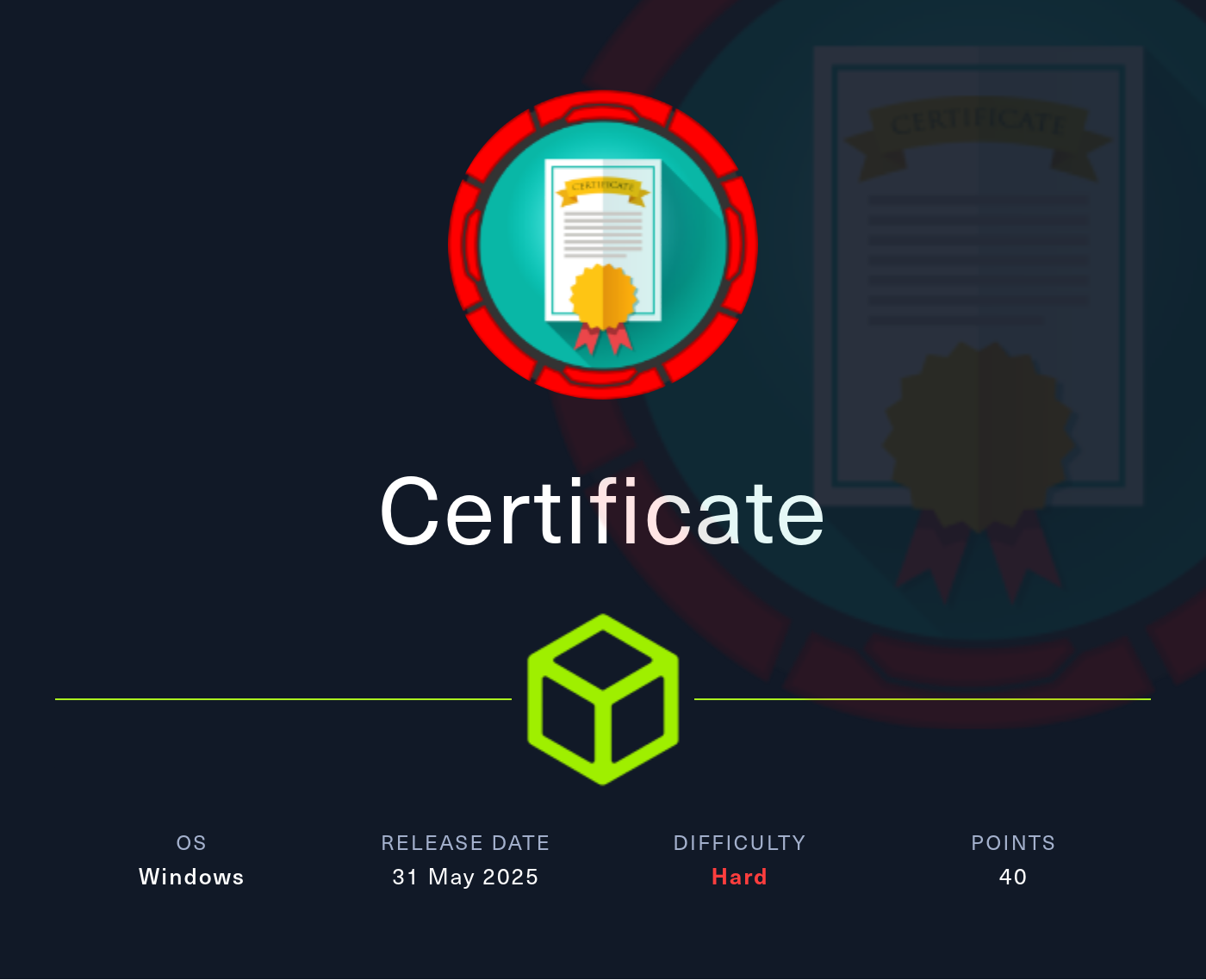 Machine Card showing Certificate as a hard Windows machine