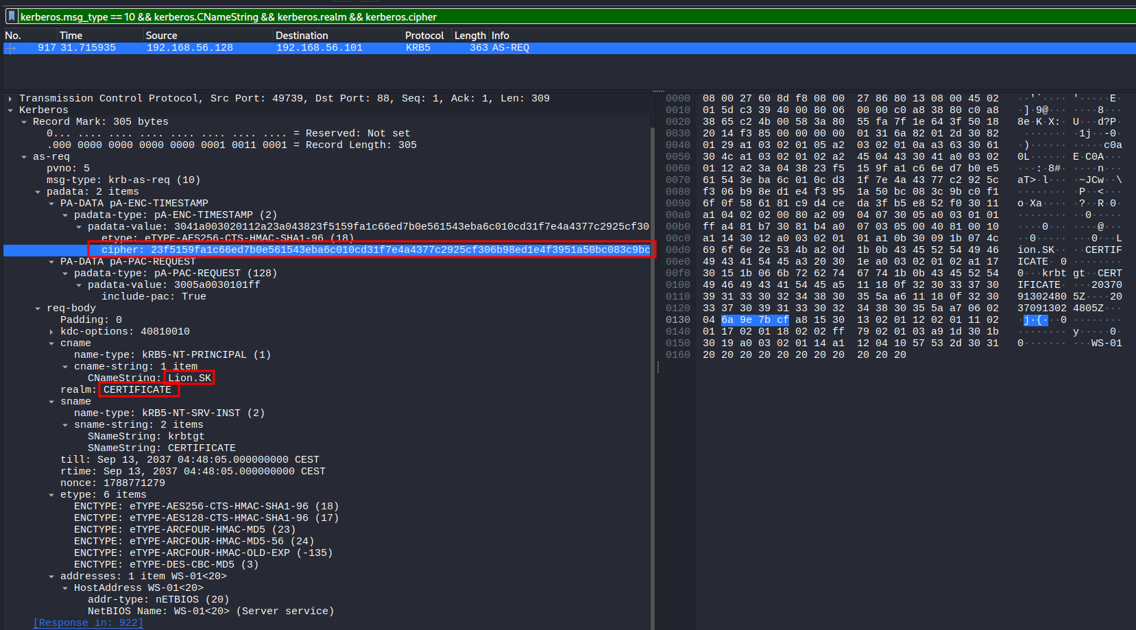 Wireshark showing the AS-REQ with the required information