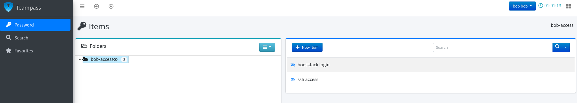 Dashboard of Teampass after logging in showing two items
