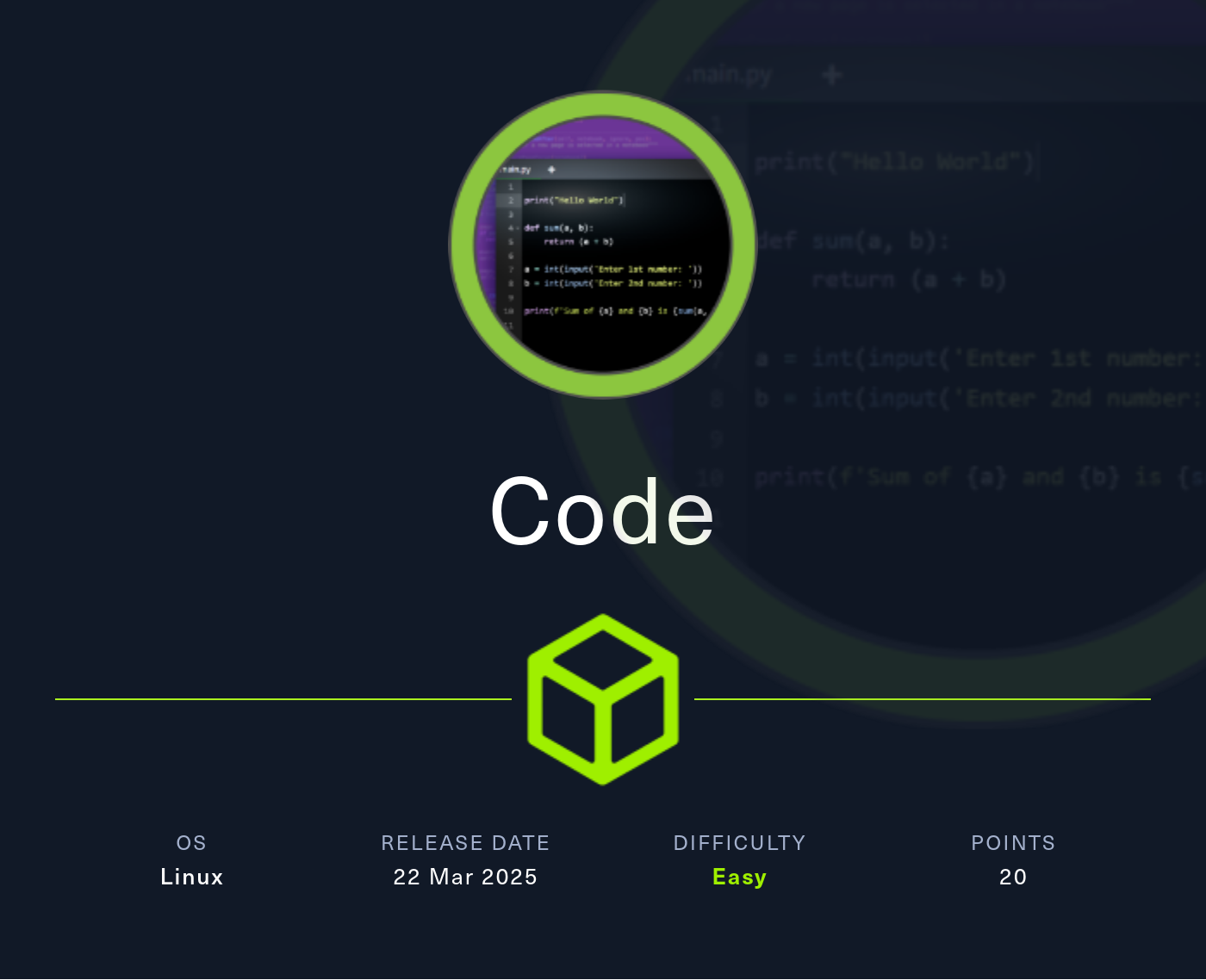 Machine Card showing Code as an easy Linux machine