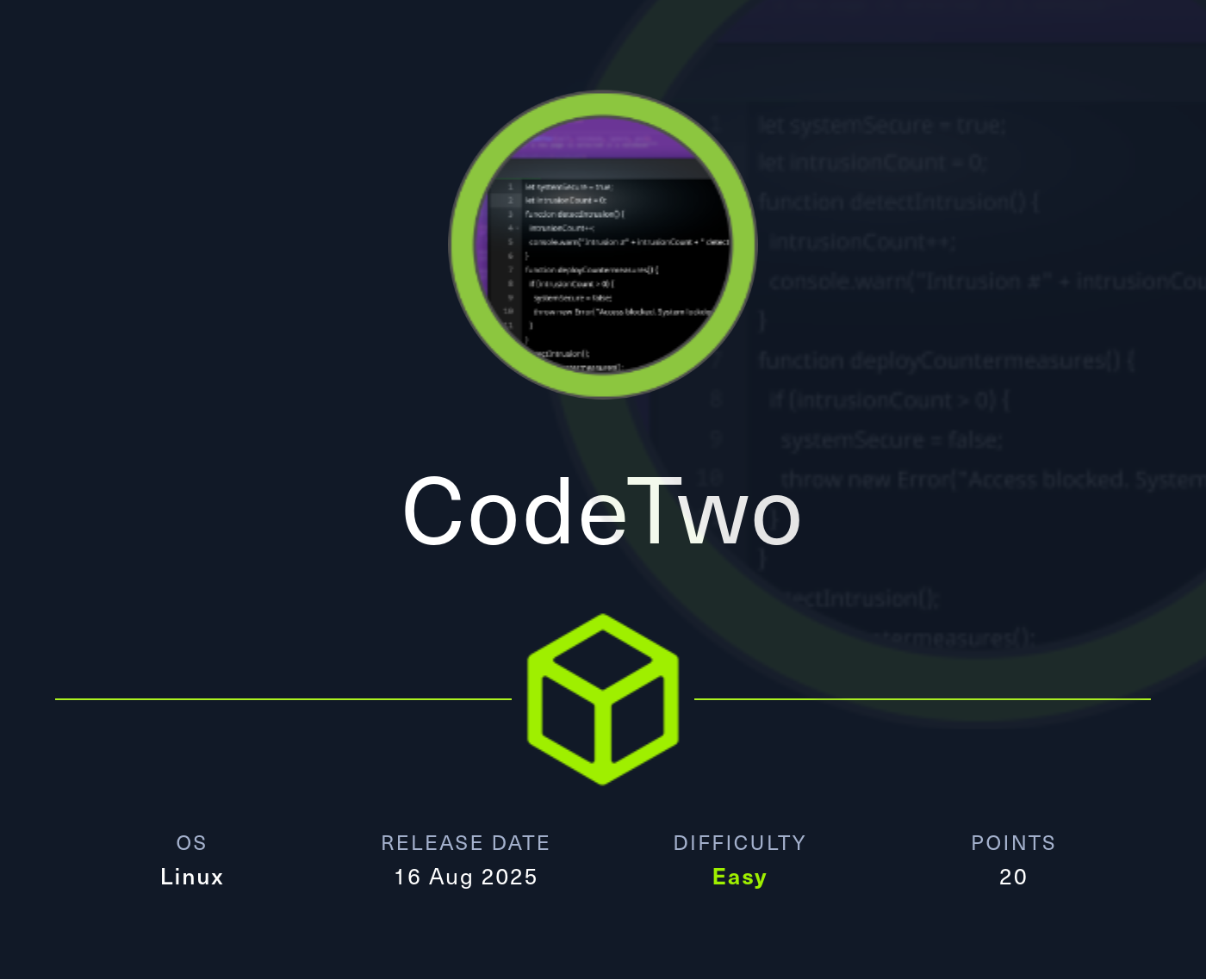Machine Card showing CodePartTwo as an easy Linux machine