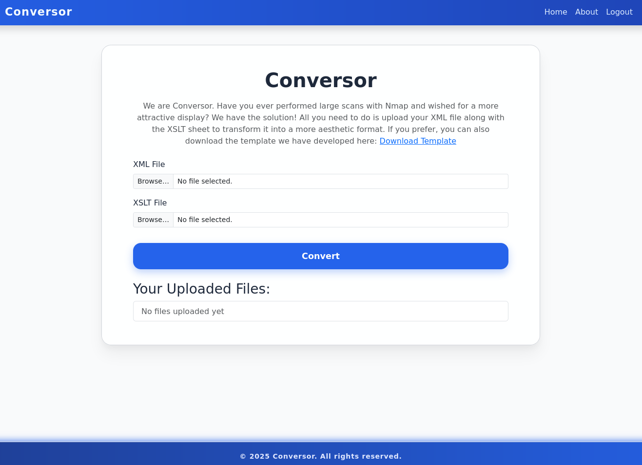 Dashboard showing an upload for for XML and XSLT