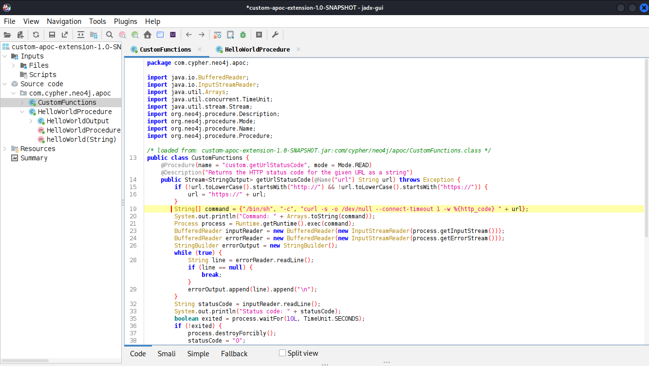 Decompiled JAR shows custom function that passes input to a shell