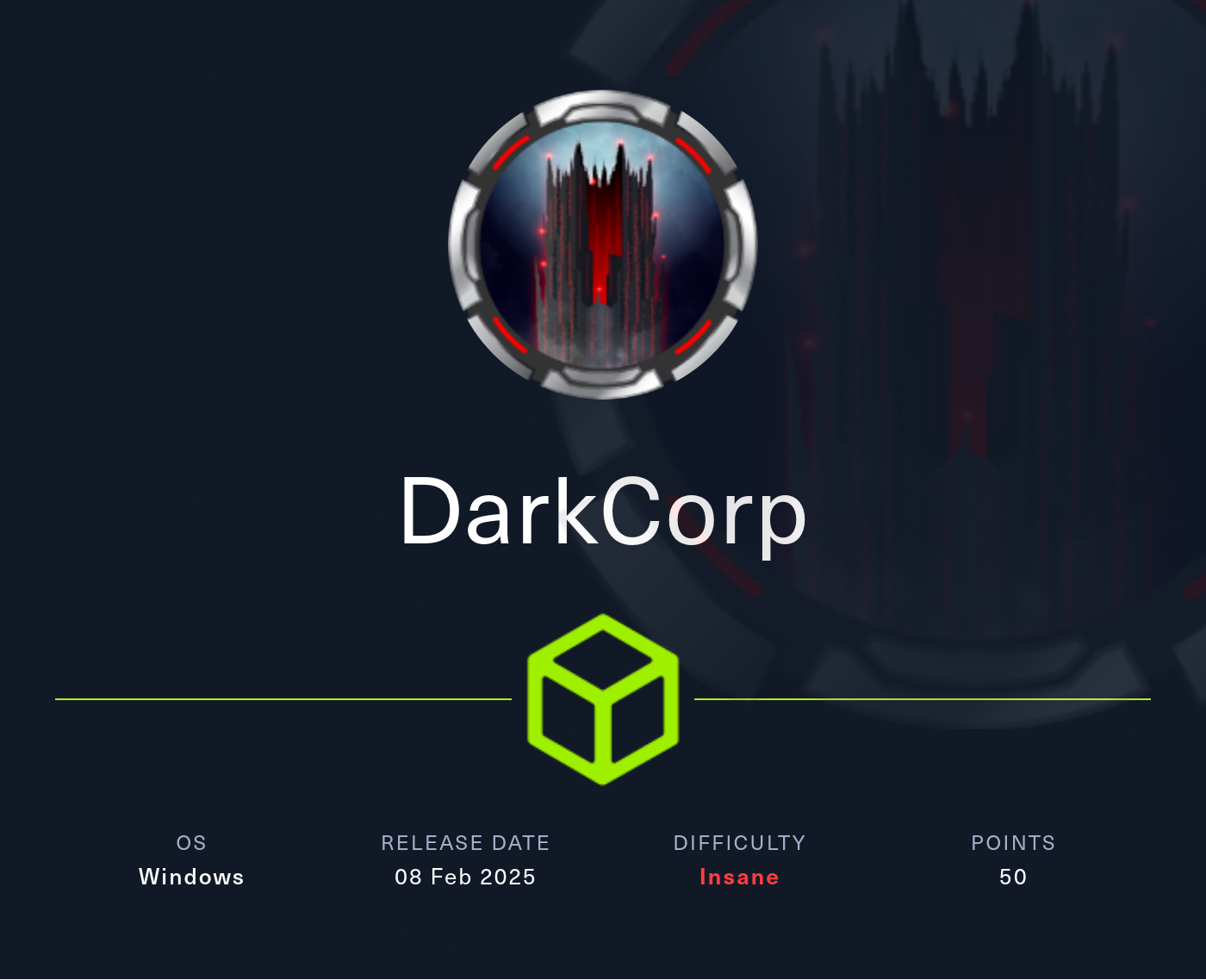Machine Card showing DarkCorp as a hard Windows machine