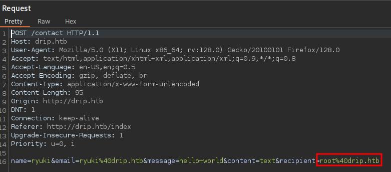 BurpSuite showing the intercepted request from the contact form with a modified recipient