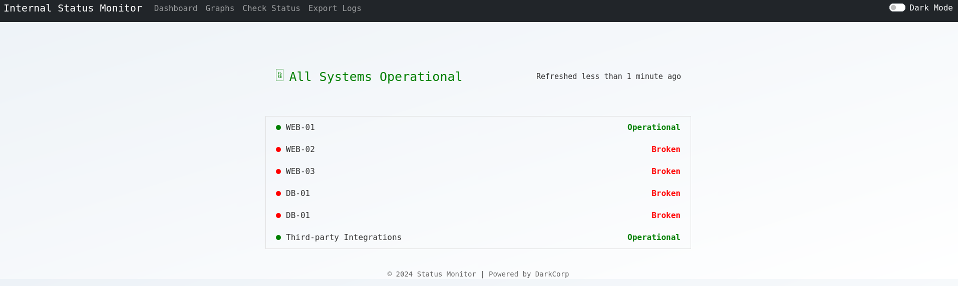Dashboard for the status monitor on WEB-01