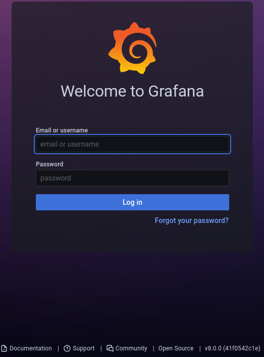 Login prompt to Grafana showing version 8.0.0
