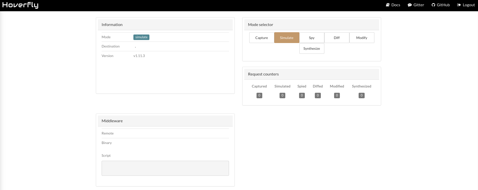 Hoverfly dashboard showing version v1.11.3