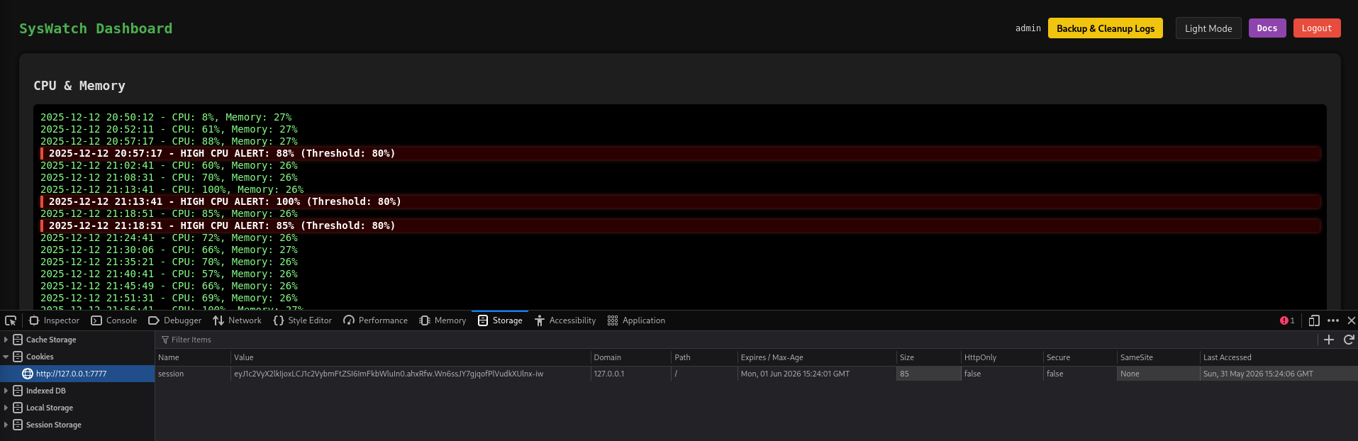Access to the SysWatch Dashboard after setting the forged cookie