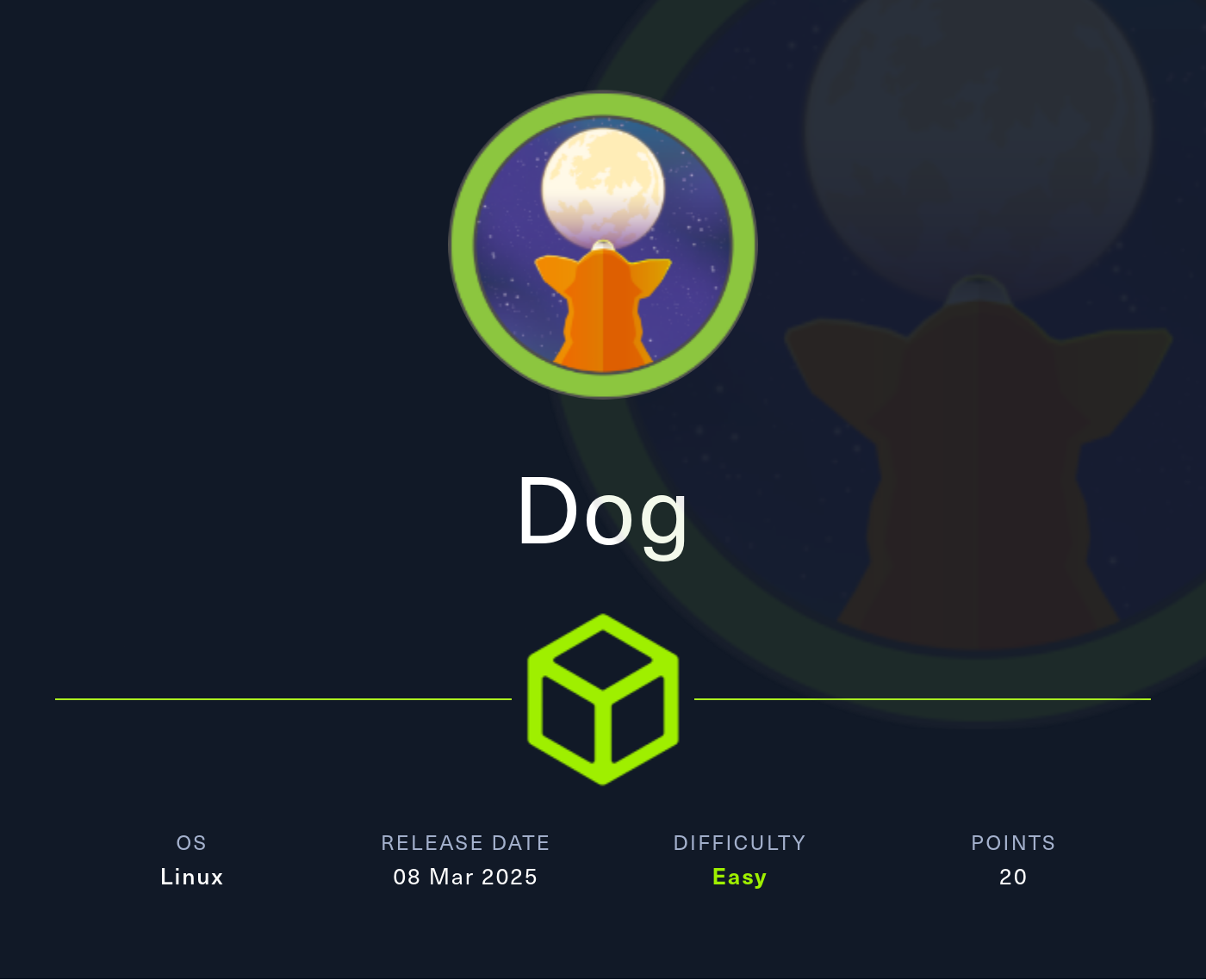 Machine Card showing Dog as an easy Linux machine