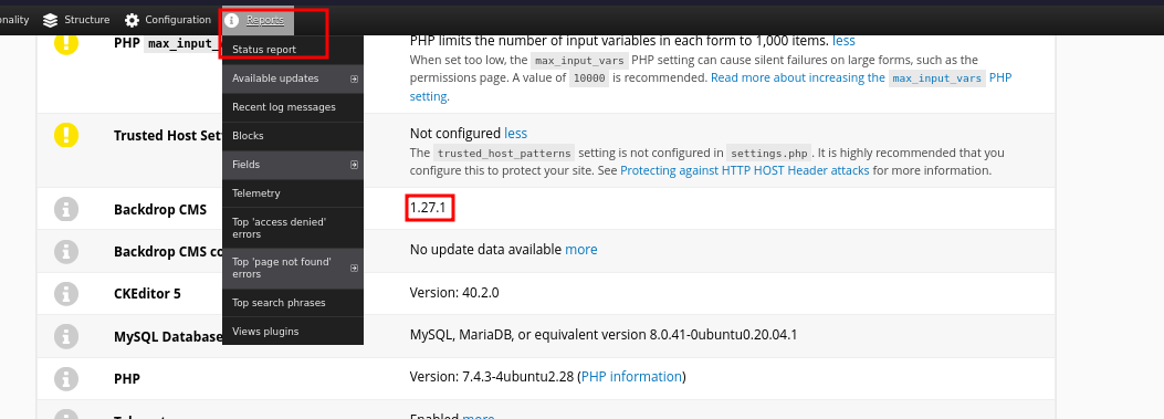 Backdrop CMS status report shows version 1.27.1