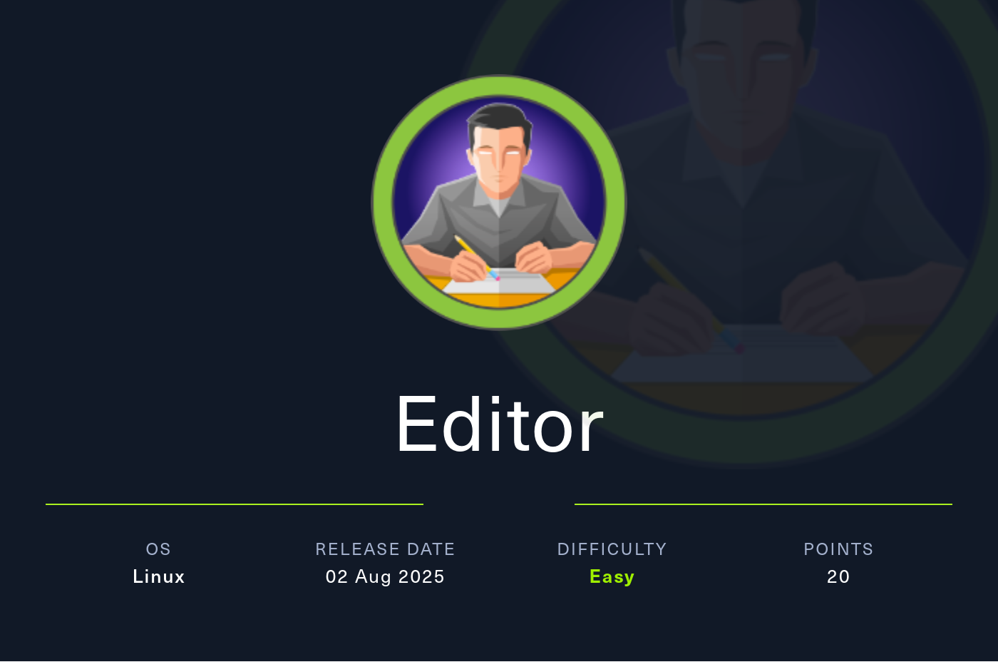 Machine Card showing Editor as an easy Linux machine