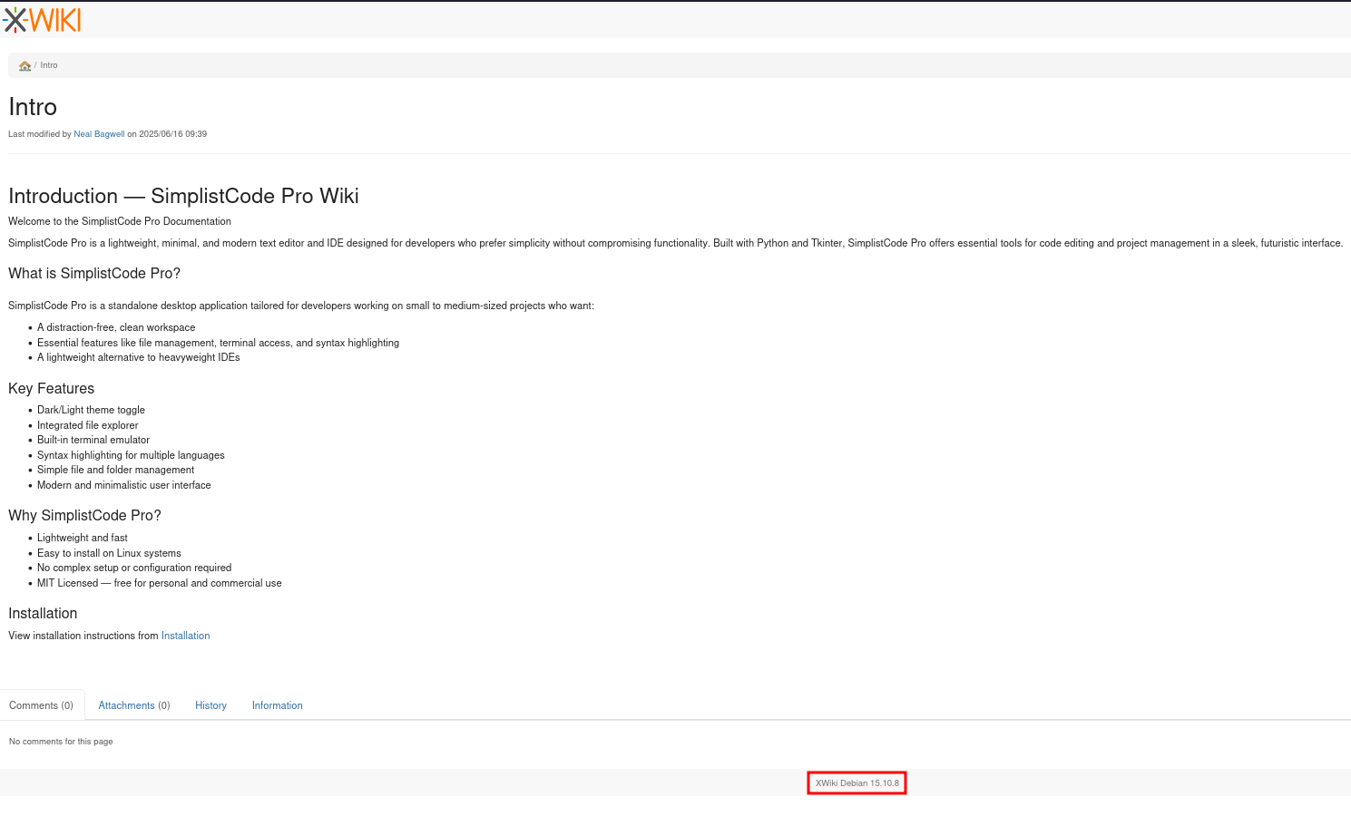 xwiki for editor showing the version 15.10.8 in the footer
