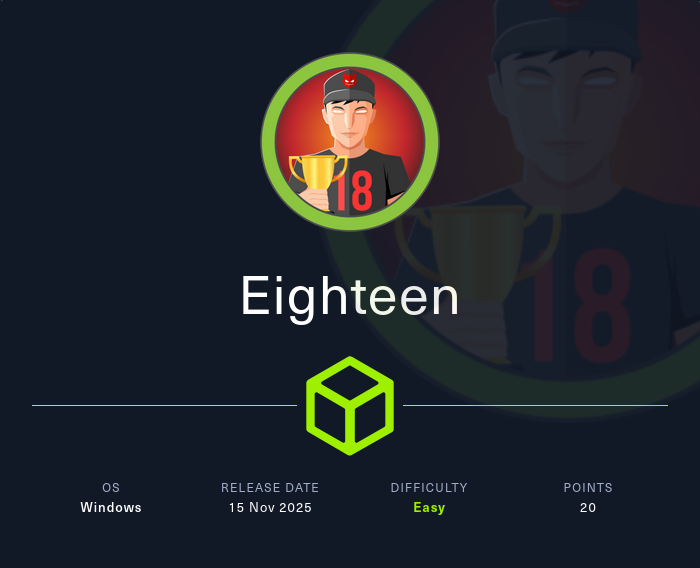 Machine Card showing Eighteen as an easy Windows machine