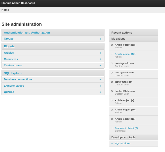 Site administration dashboard with access to the database