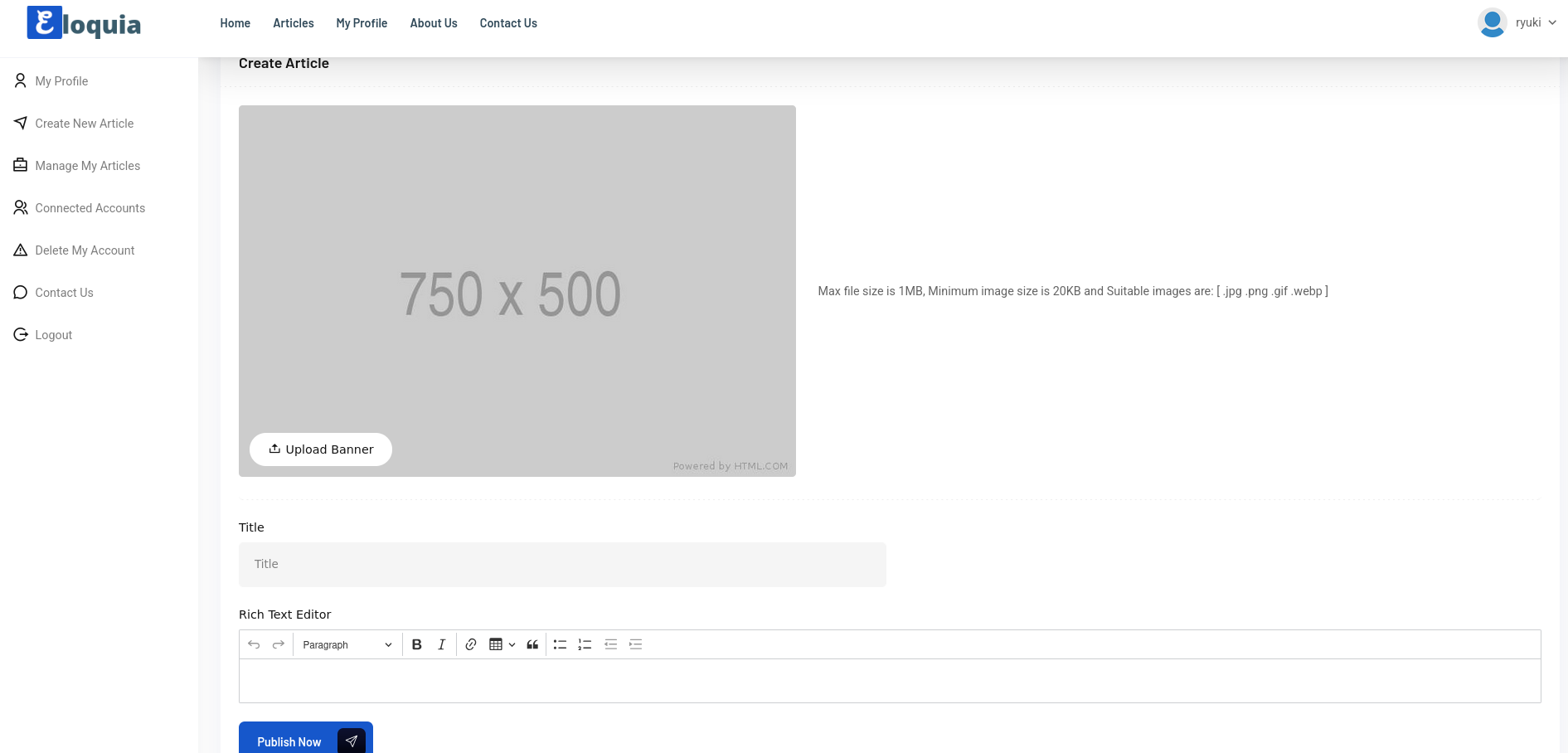 Creating a new article in Eloquia requires a banner, a title, and some text