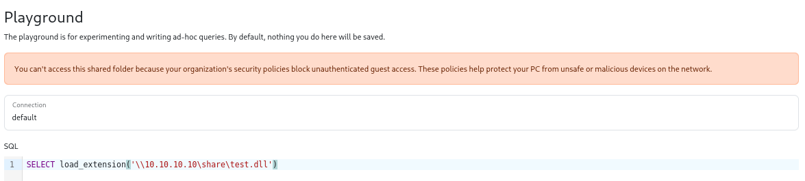 load_extension shows an error because of the use of unauthenticated SMB