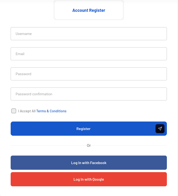 Registration form asking for basic information. It also allows to login via Facebook and Qoogle