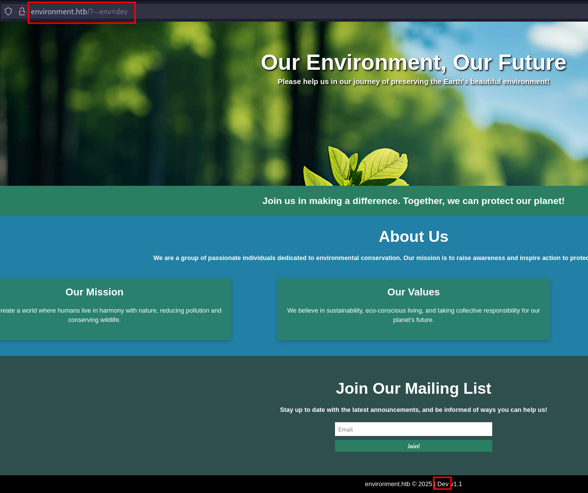Injection the value --env=dev changes the environment string on the main page