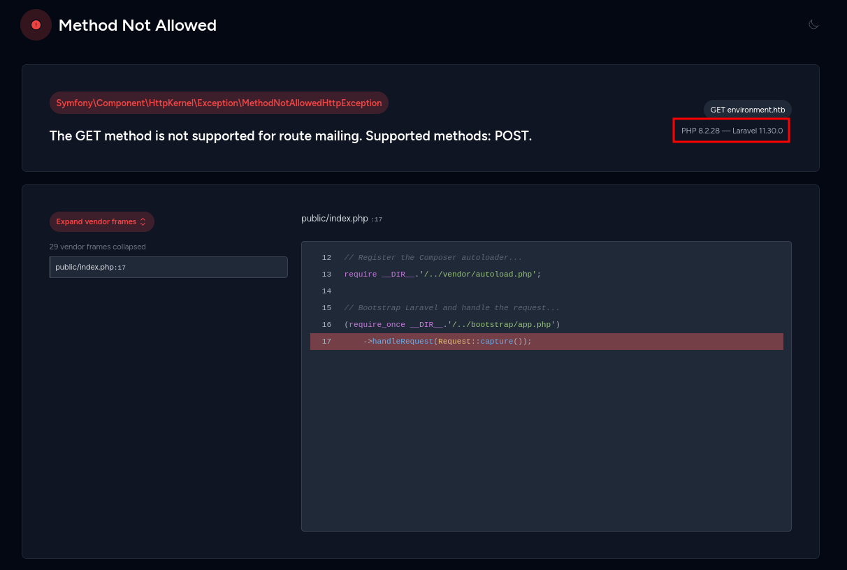 Laravel error page showing a call trace and the version number
