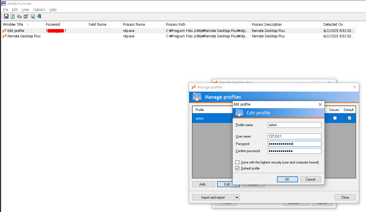 Bulletspassview recovering the dotted password from Remote Desktop Plus