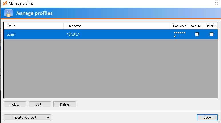 Imported profiles show the password with dots