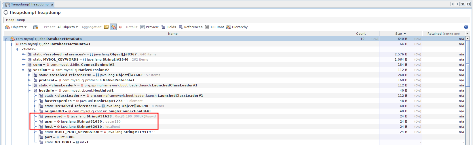 VisualVM showing the MySQL connection details including the credentials