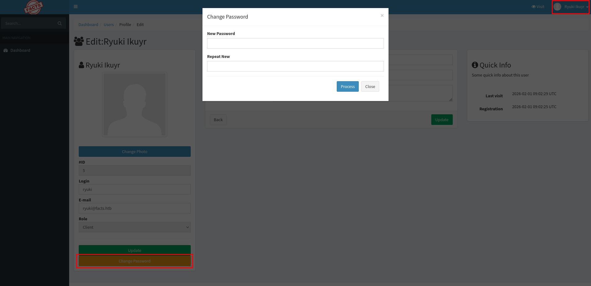 Changing my password in the profile on the dashboard