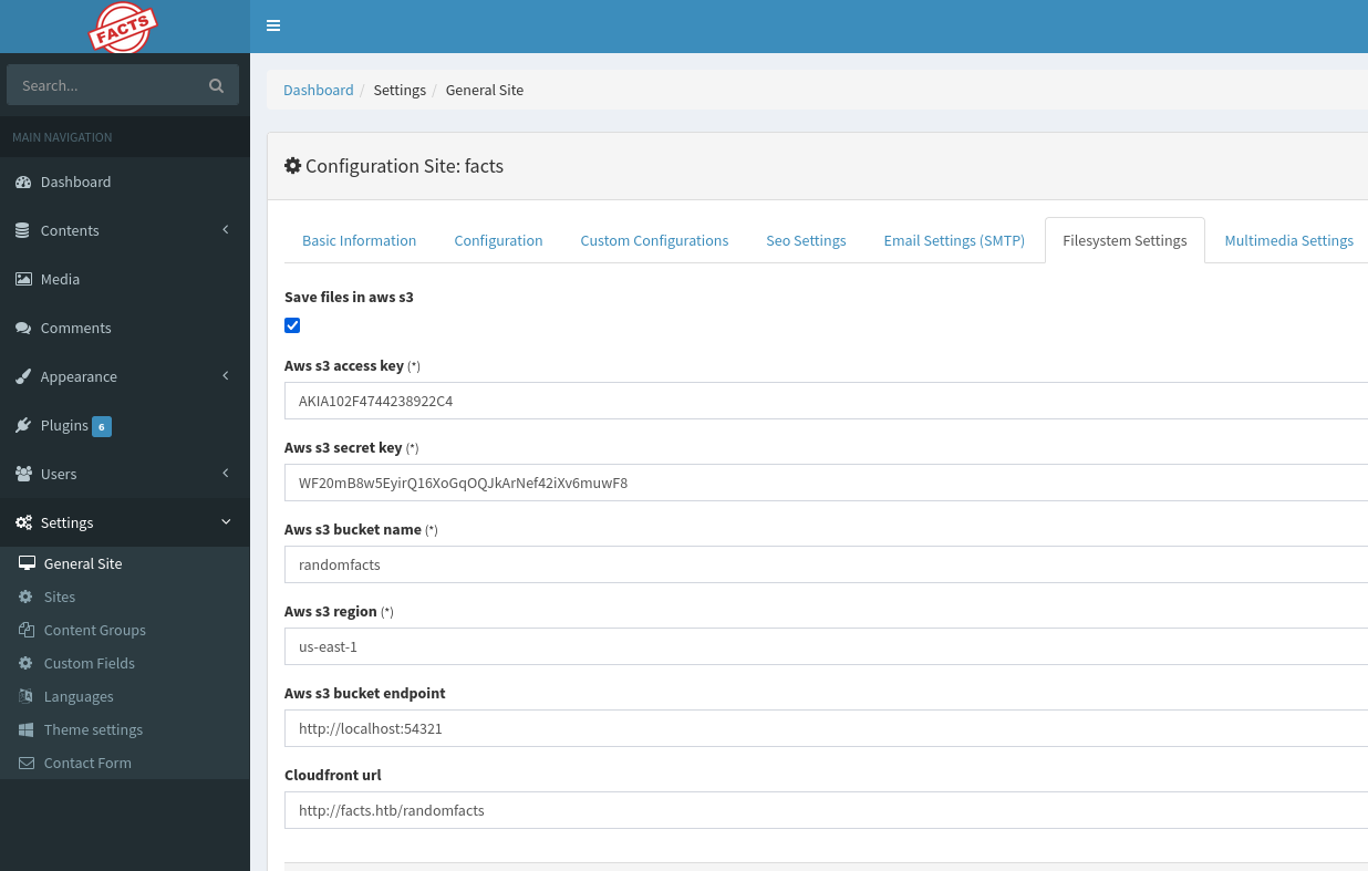 MinIO details in the Filesystem Settings