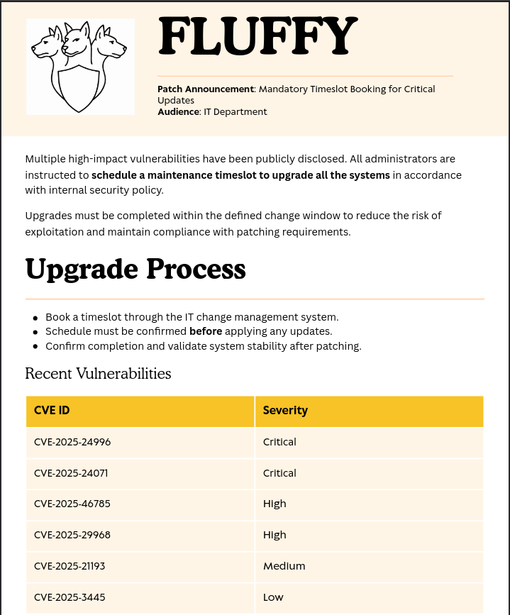 PDF document listing recent vulnerabilities and info about the upgrade process